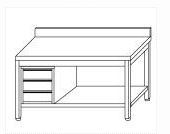 Work tables on legs with back splash shelf and left drawers