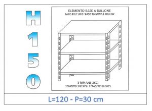 IN-B36912030B Shelf with 3 smooth shelves bolt fixing dim cm 120x30x150h 