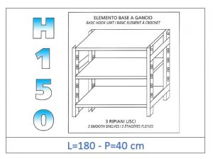IN-G36918040B Estante con 3 estantes lisos fijación de gancho dim cm 180x40x150h