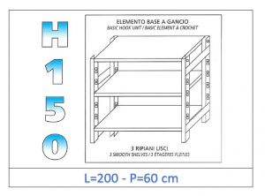IN-G36920060B Estante con 3 estantes lisos fijación de gancho dim cm 200x60x150h