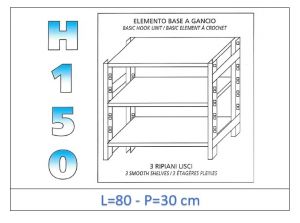 IN-G3698030B Estante con 3 estantes lisos fijación de gancho dim cm 80x30x150h