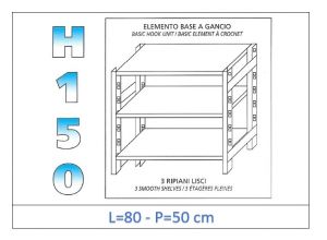 IN-G3698050B Estante con 3 estantes lisos fijación de gancho dim cm 80x50x150h
