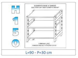 IN-G3699030B Estante con 3 estantes lisos fijación de gancho dim cm 90x30x150h