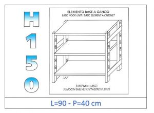 IN-G3699040B Estante con 3 estantes lisos fijación de gancho dim cm 90x40x150h