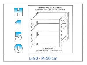 IN-G3699050B Estante con 3 estantes lisos fijación de gancho dim cm 90x50x150h