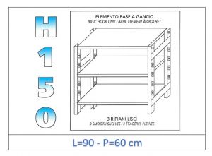 IN-G3699060B Estante con 3 estantes lisos fijación de gancho dim cm 90x60x150h