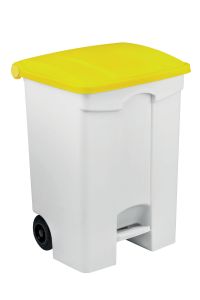 T115576 Conteneur à pédale mobile en plastique blanc avec couvercle jaune, 70 litres